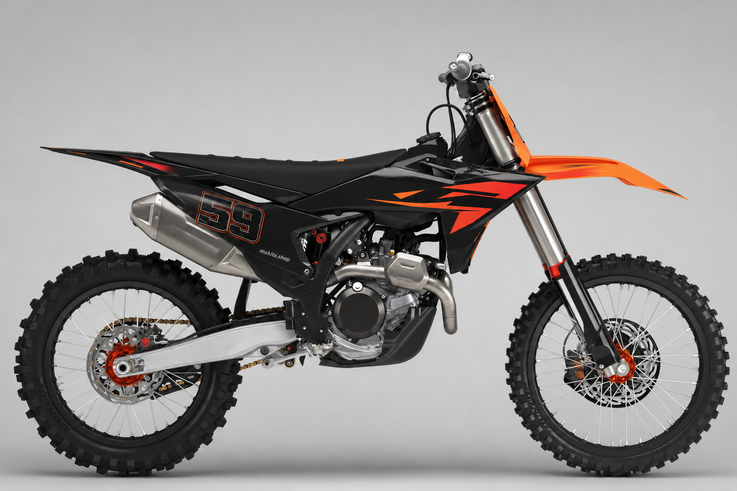 KTM black red and orange graphics with one outlined 59 on the rear number panel