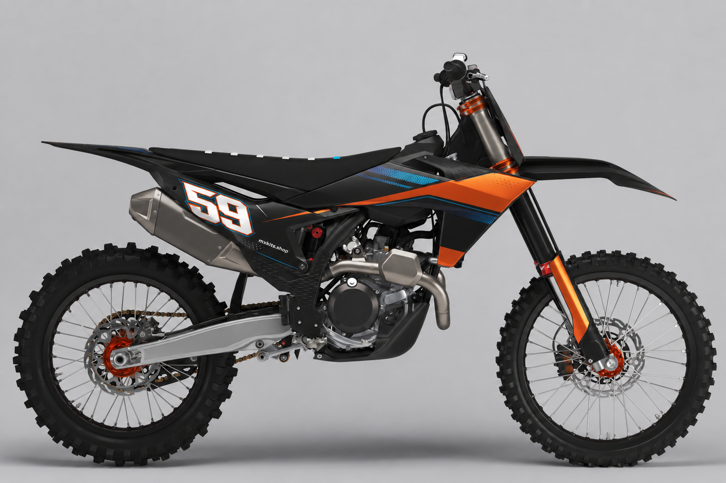 KTM black burnt orange and blue graphics with one custom number 59