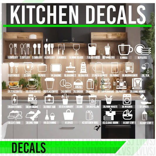 Kitchen Cabinet Decals – Pantry & Cupboard Icon Labels (Choose Icons 1–45, Black/White Vinyl)