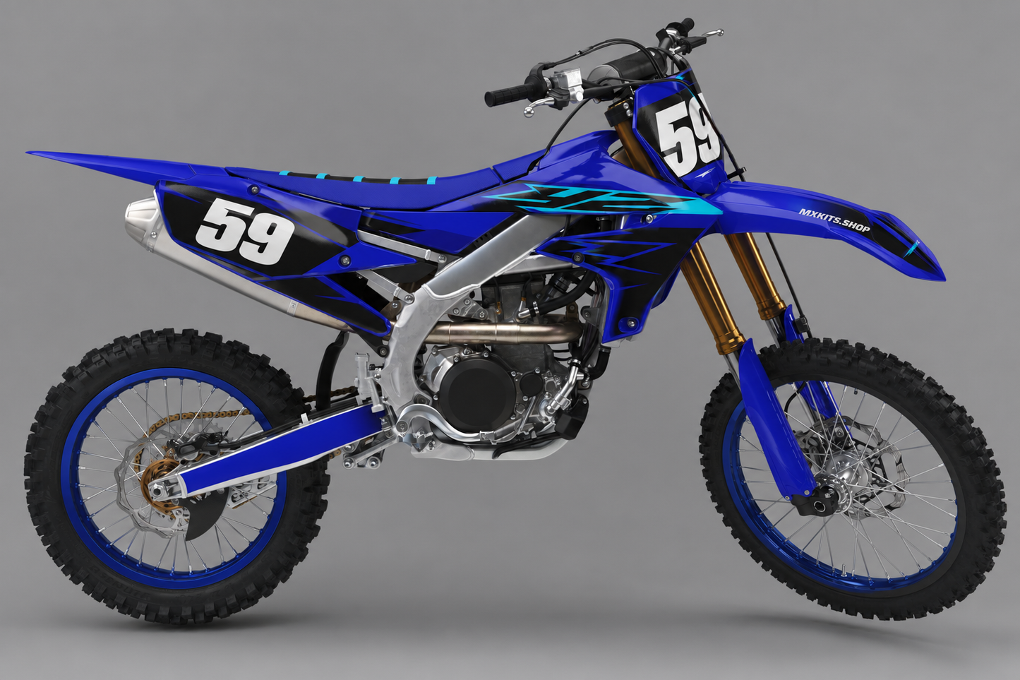 Sponsorfreies Yamaha Motocross-Motorrad mit Blue Pulse Dekor in Königsblau, Schwarz und Cyan und Startnummer 59