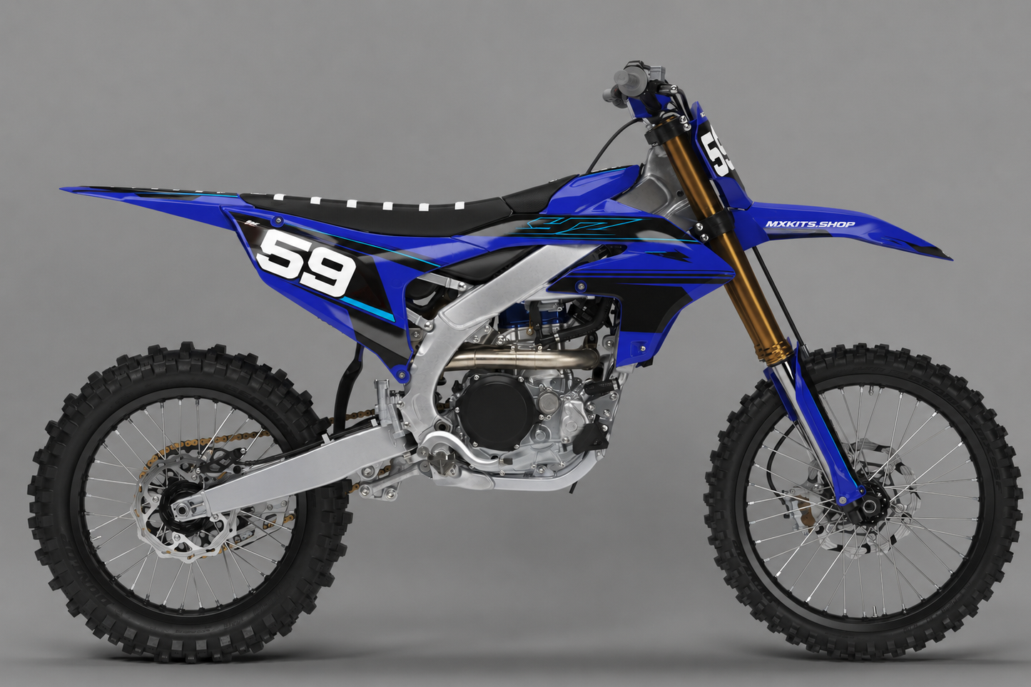 Sponsorfreies Yamaha Motocross-Motorrad mit Electric Blueprint Dekor in Dunkelblau, Schwarz und Cyan und Startnummer 59