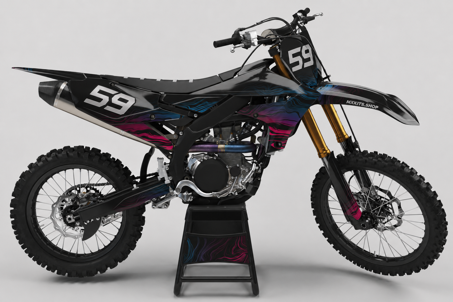 Sponsor-free black Yamaha motocross bike with blue and magenta contour graphics, MXKITS.SHOP branding and race number 59