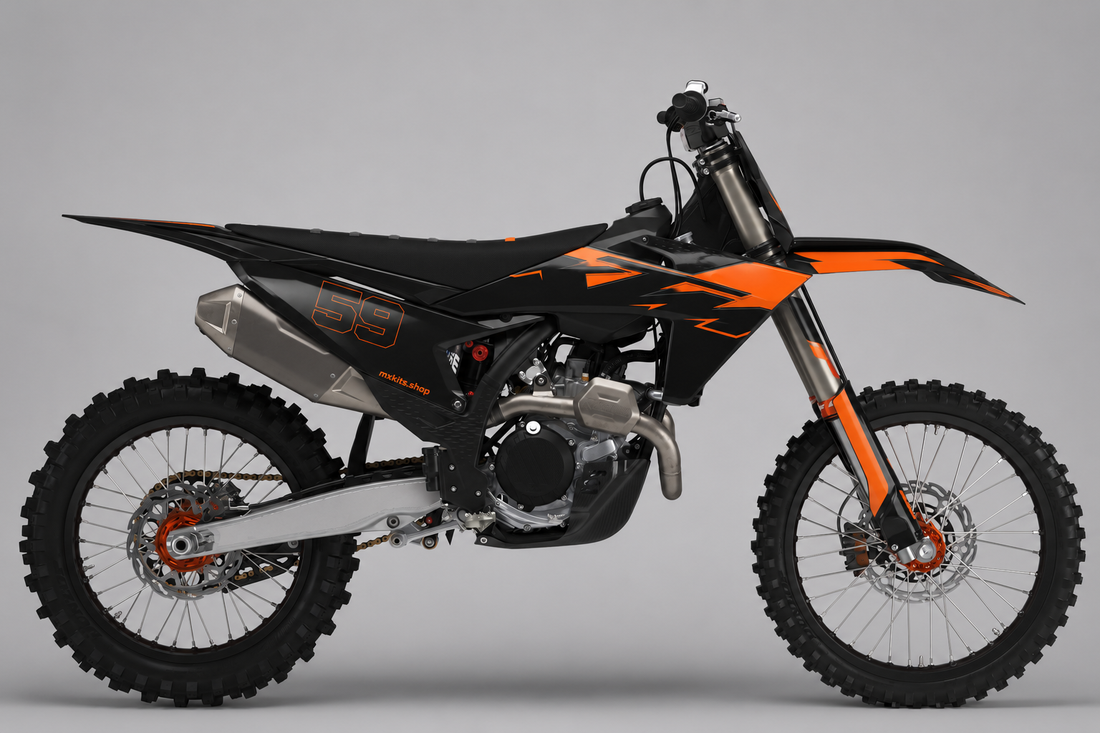 KTM Shadow Spark custom motocross graphics with orange accents on a dark base