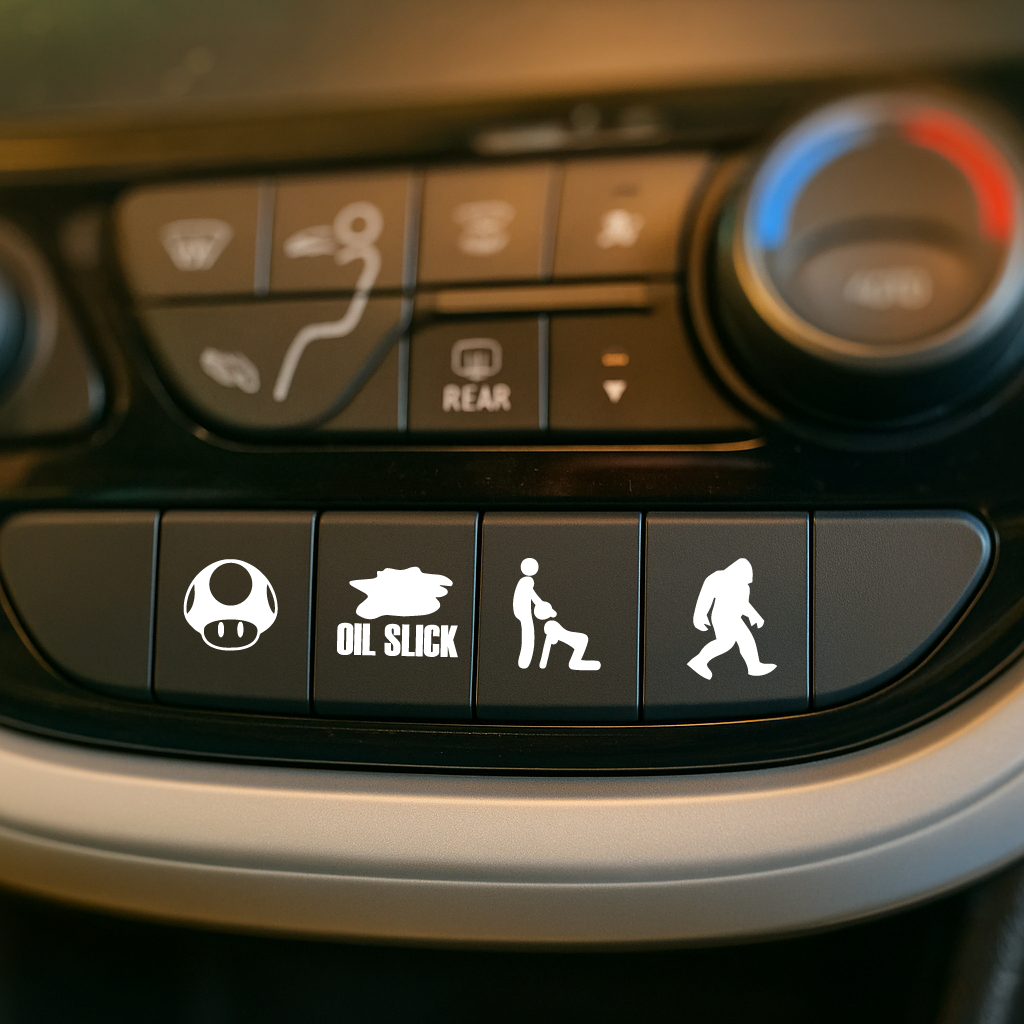 Car Button Decal Stickers – 25 Funny Dashboard Labels (Eject, Panic, Turbo & More)