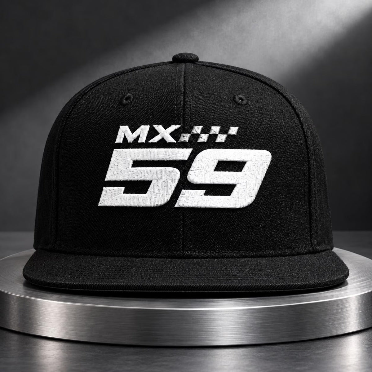 Classic MX embroidered black cap design preview with sample race number 59
