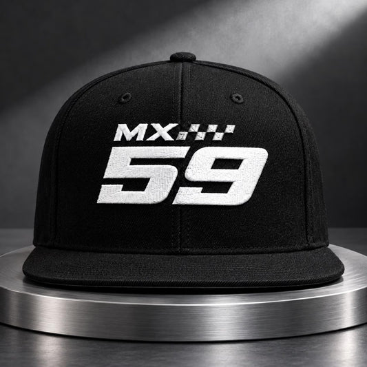 Classic MX embroidered black cap design preview with sample race number 59