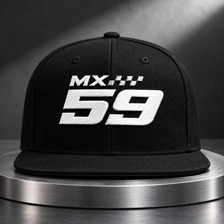 Classic MX embroidered black cap design preview with sample race number 59