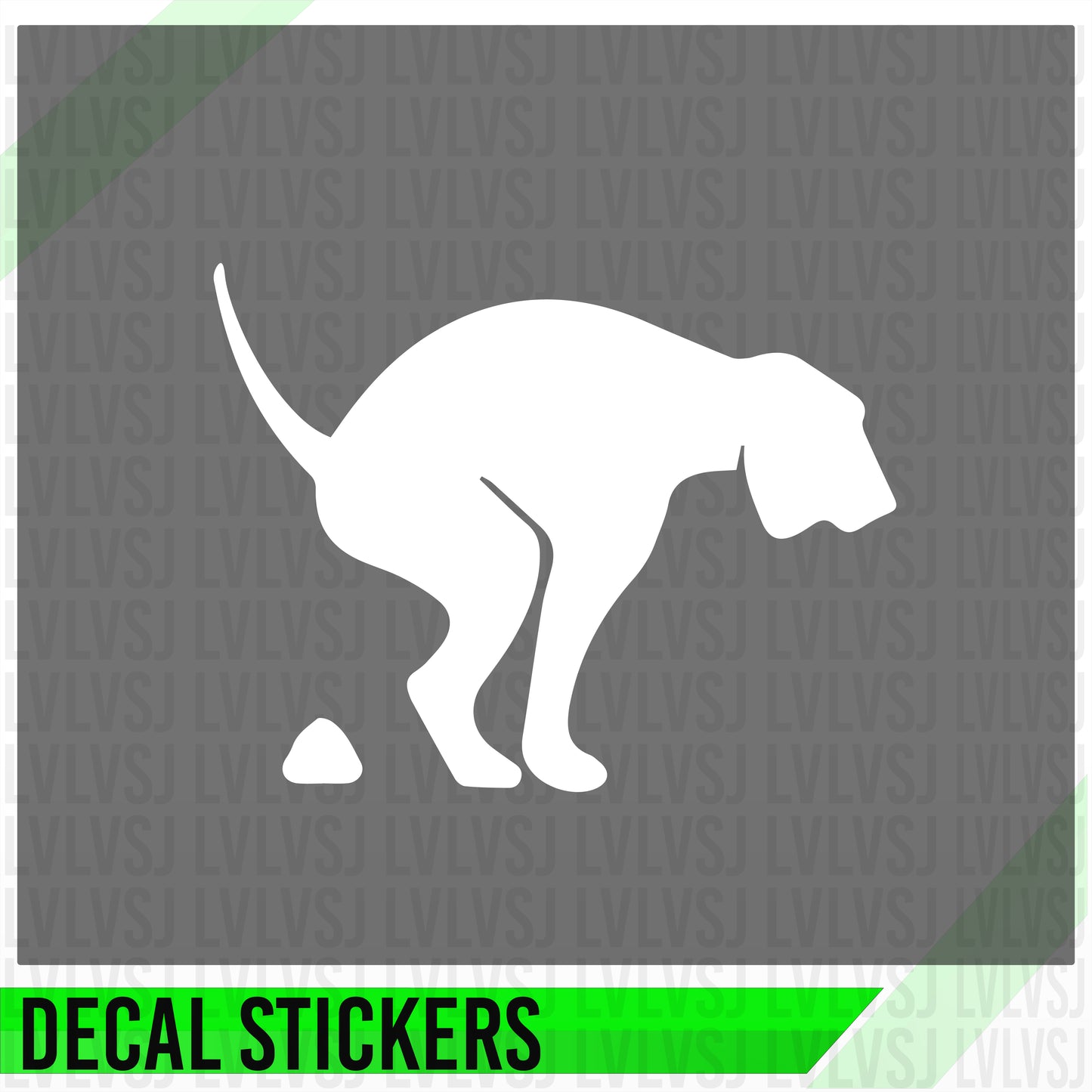 White silhouette of a dog peeing on a post with 'LVLSJ' branding on a gray background, labeled as decal stickers.