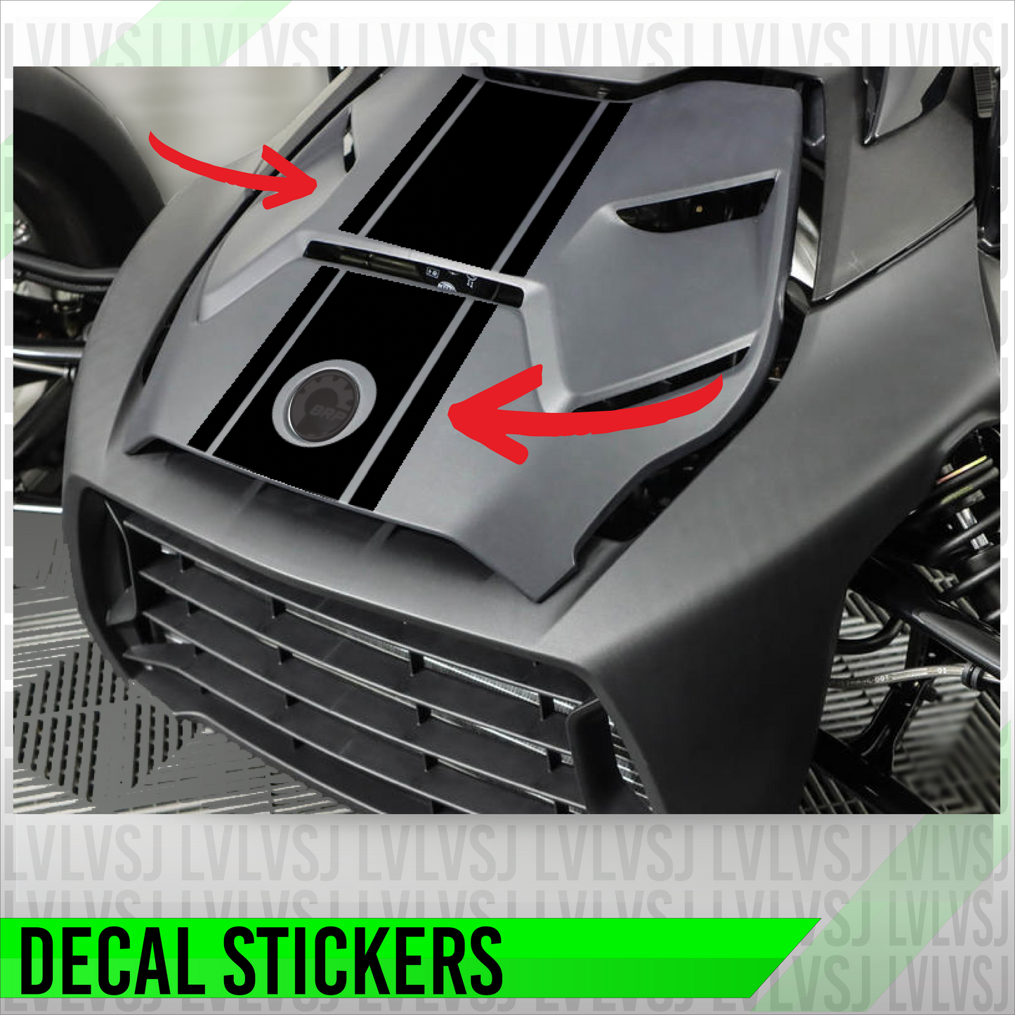 Can-Am hood racing stripe decal installed—center stripe with two pinstripes and arrows showing placement