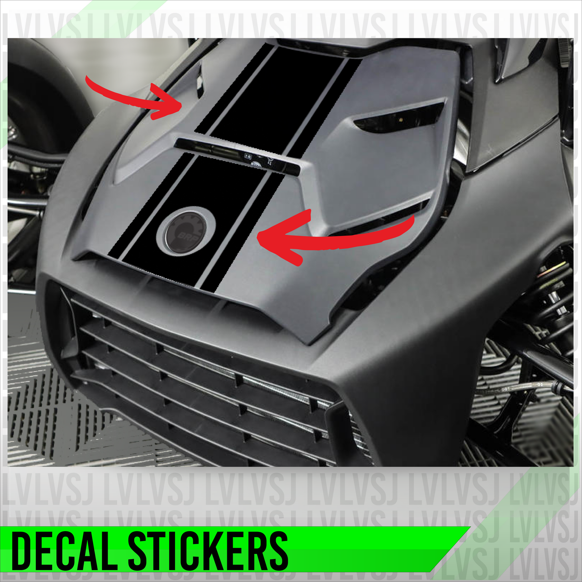 Can-Am hood racing stripe decal installed—center stripe with two pinstripes and arrows showing placement