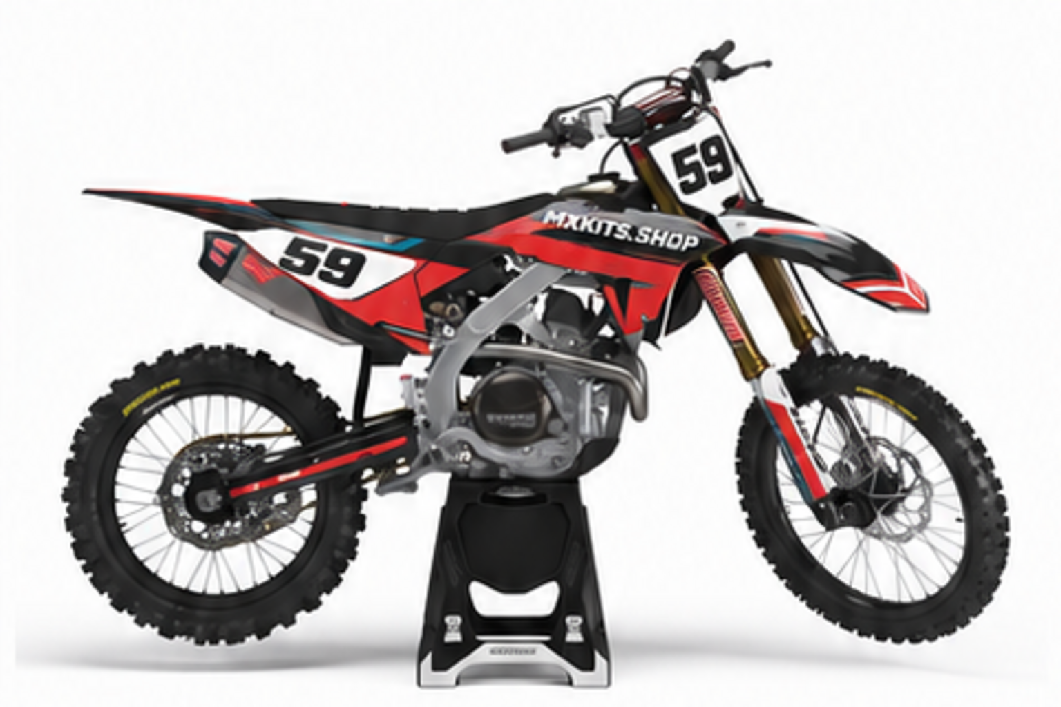 Red Black Honda CRF custom motocross graphics kit in side view with personalized race number