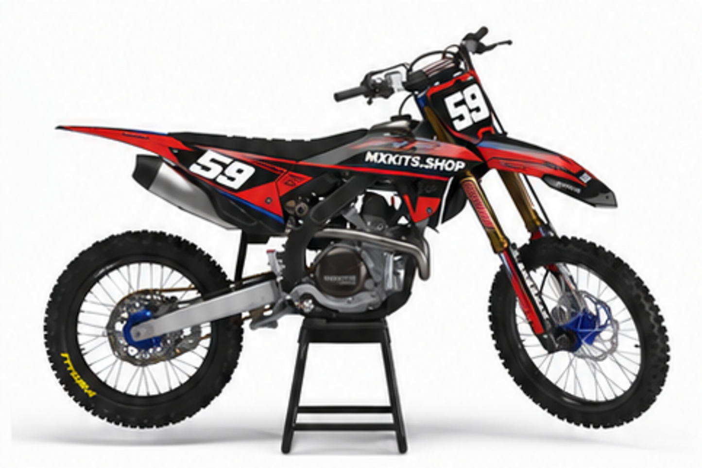 Red Black Honda CRF custom motocross graphics kit in side view with personalized race number