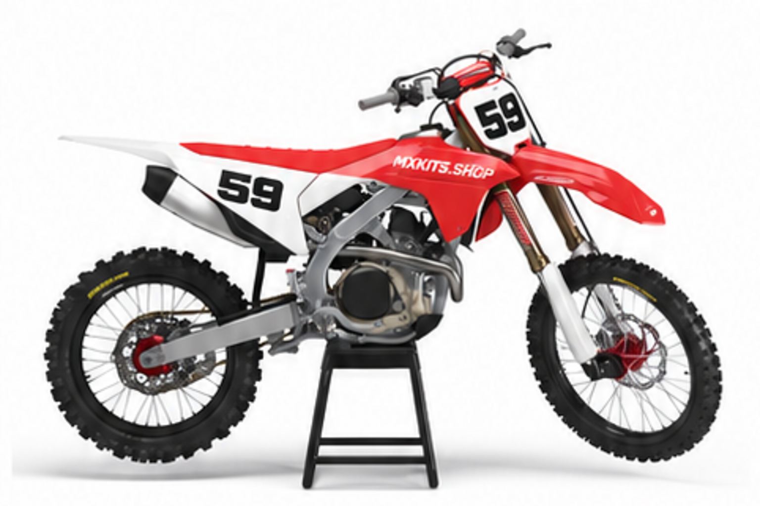Red Black Honda CRF custom motocross graphics kit in side view with personalized race number