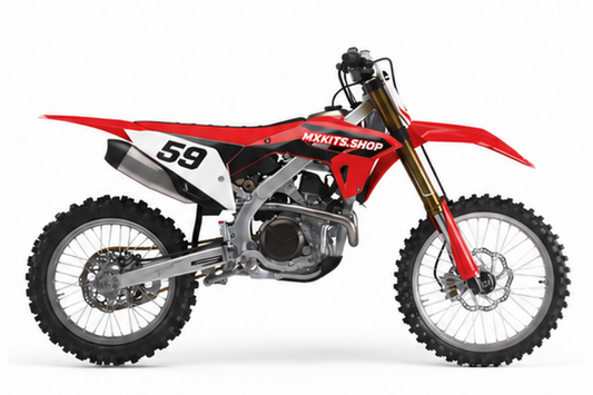 Honda Motocross-Dekor-Kit in Rot, Schwarz und Weiß mit klar gestalteter personalisierter Startnummerntafel