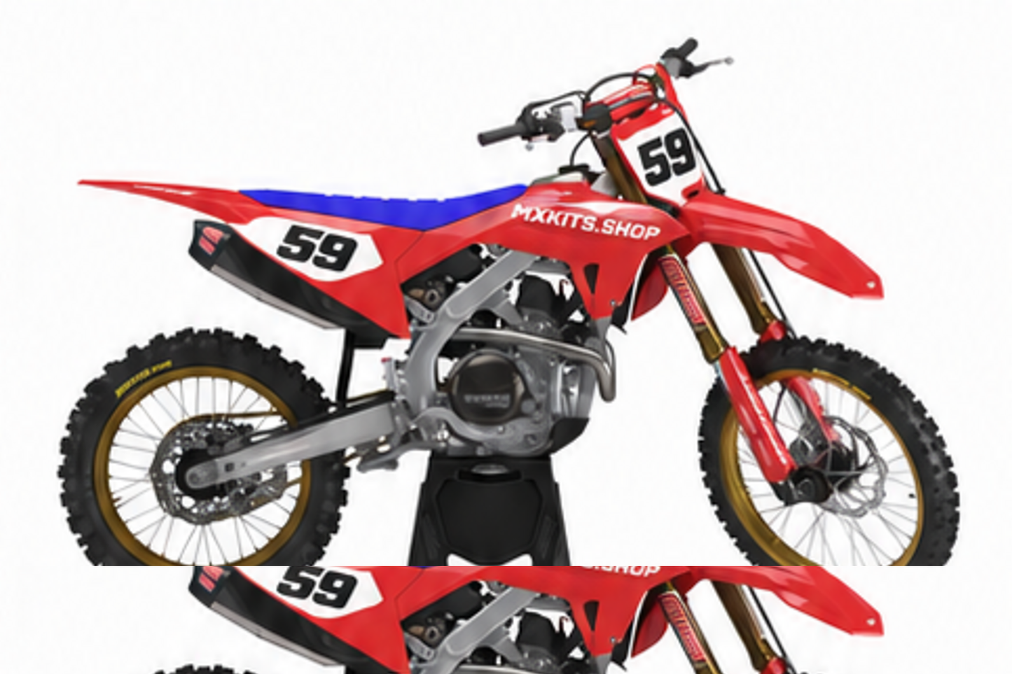 Red Black Honda CRF custom motocross graphics kit in side view with personalized race number