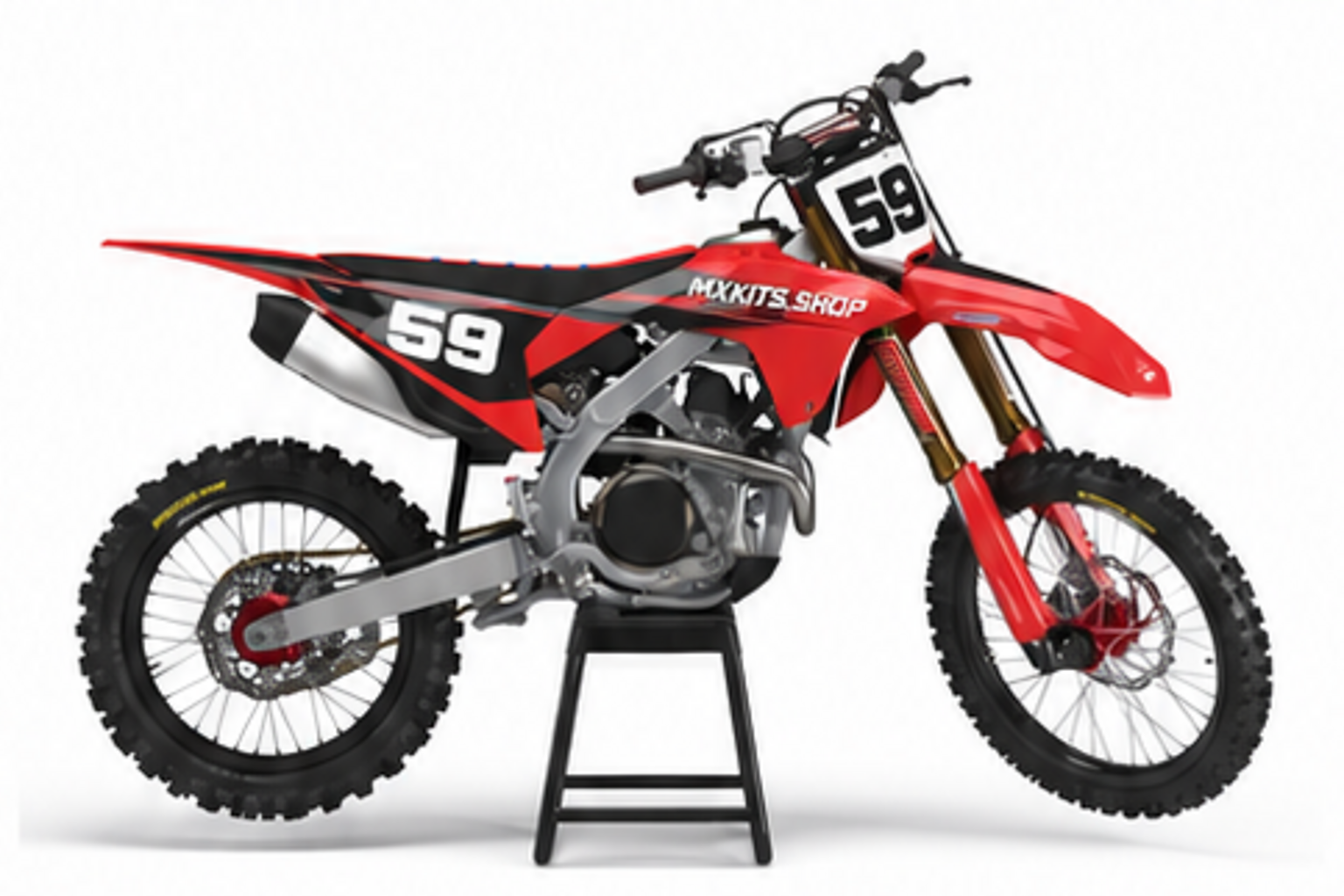 Red Black Honda CRF custom motocross graphics kit in side view with personalized race number