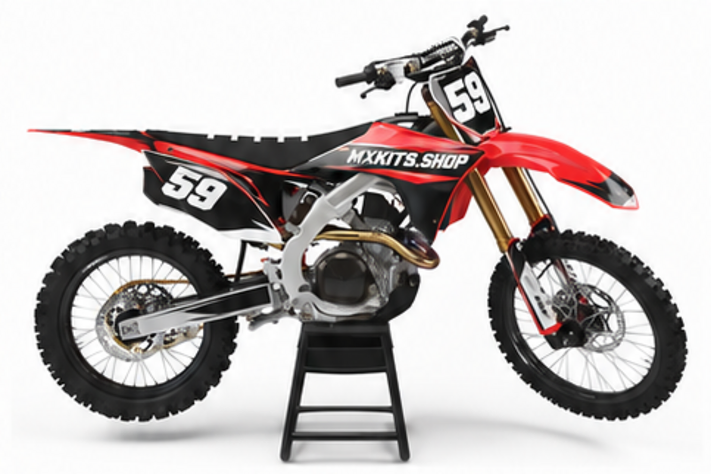 Black Red Honda CRF custom motocross graphics kit in side view with personalized race number