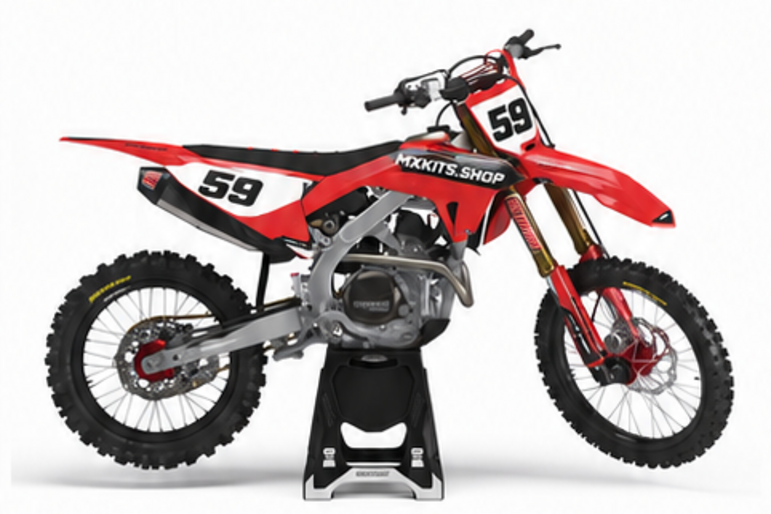 Red Black Honda CRF custom motocross graphics kit in side view with personalized race number