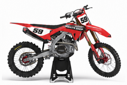 Honda CRF Motocross-Dekor-Kit in Rot, Schwarz in Seitenansicht mit personalisierter Startnummer