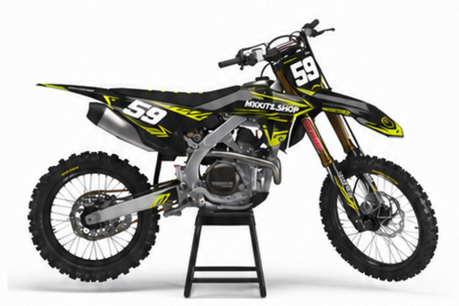 Red Black Honda CRF custom motocross graphics kit in side view with personalized race number