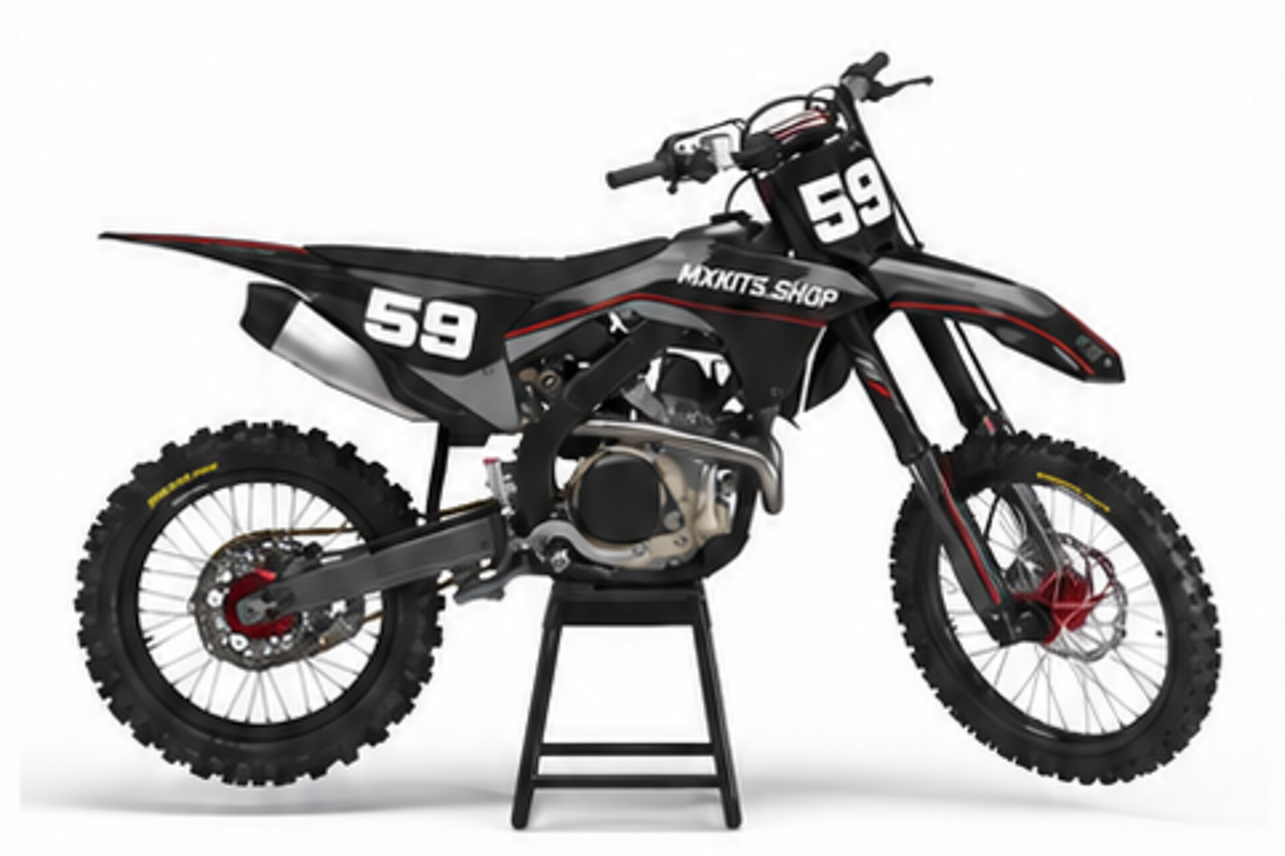 Red Black Honda CRF custom motocross graphics kit in side view with personalized race number