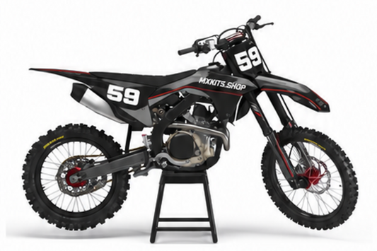 Honda CRF Motocross-Dekor-Kit in Rot, Schwarz in Seitenansicht mit personalisierter Startnummer