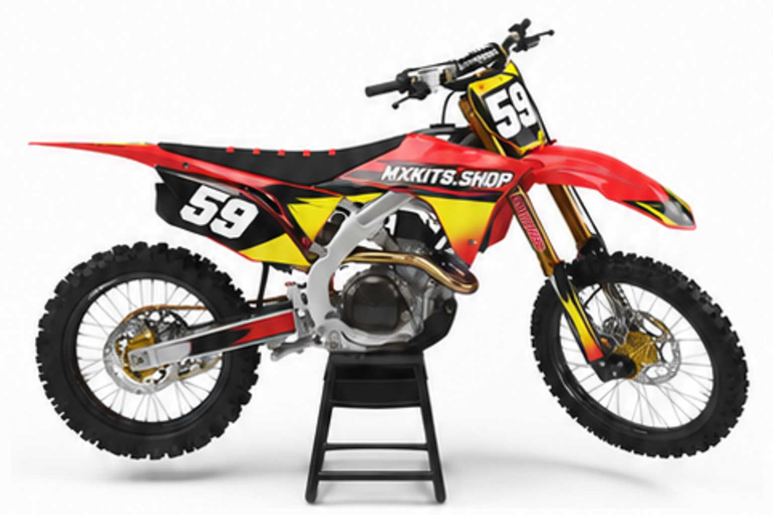Black Red Honda CRF custom motocross graphics kit in side view with personalized race number