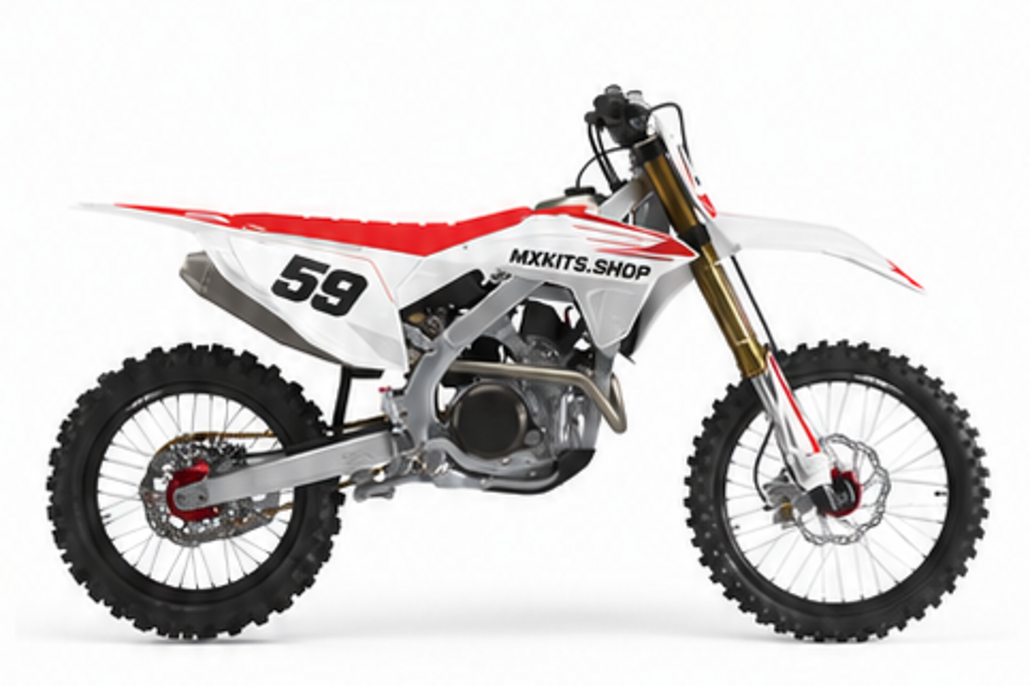Red Black Honda CRF custom motocross graphics kit in side view with personalized race number