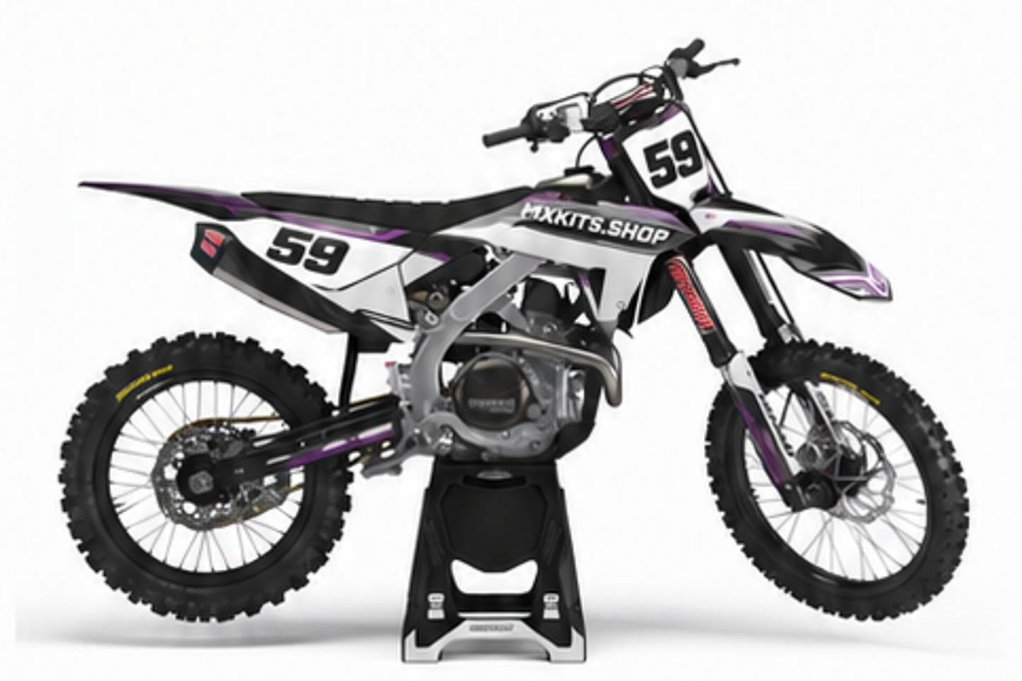 Purple Black Honda CRF custom motocross graphics kit in side view with personalized race number