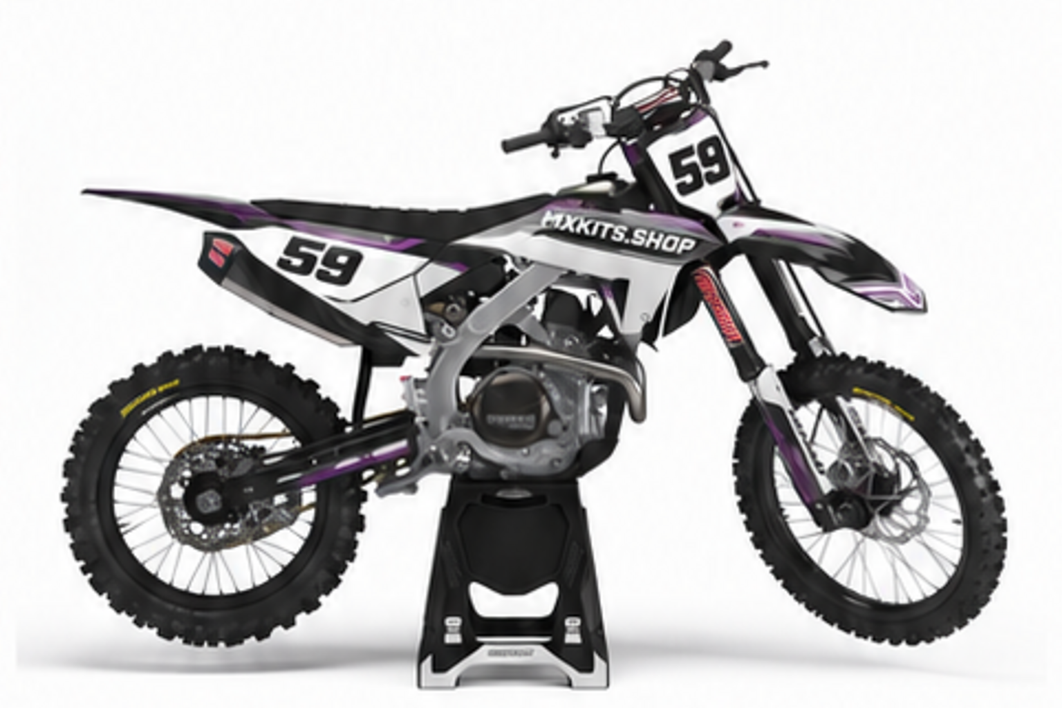 Purple Black Honda CRF custom motocross graphics kit in side view with personalized race number