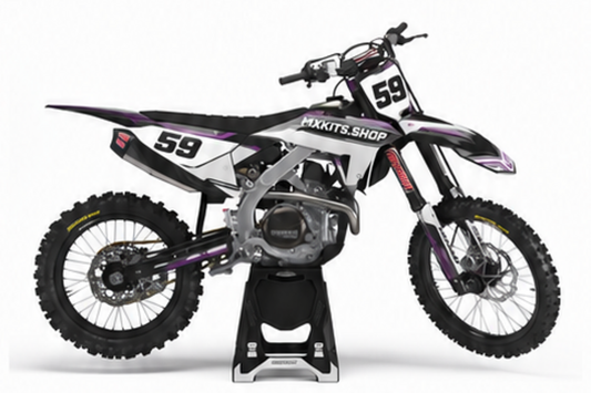 Honda CRF Motocross-Dekor-Kit in Violett, Schwarz in Seitenansicht mit personalisierter Startnummer