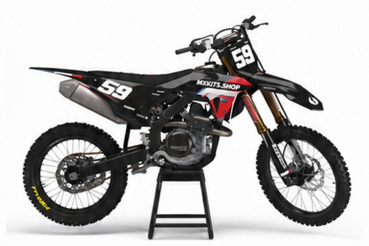 Honda CRF Motocross-Dekor-Kit in Rot, Schwarz in Seitenansicht mit personalisierter Startnummer