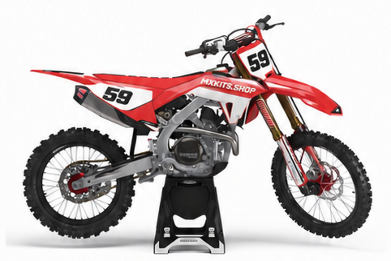 Red Black Honda CRF custom motocross graphics kit in side view with personalized race number