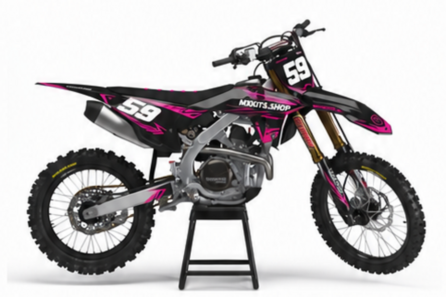 Magenta Red Honda CRF custom motocross graphics kit in side view with personalized race number