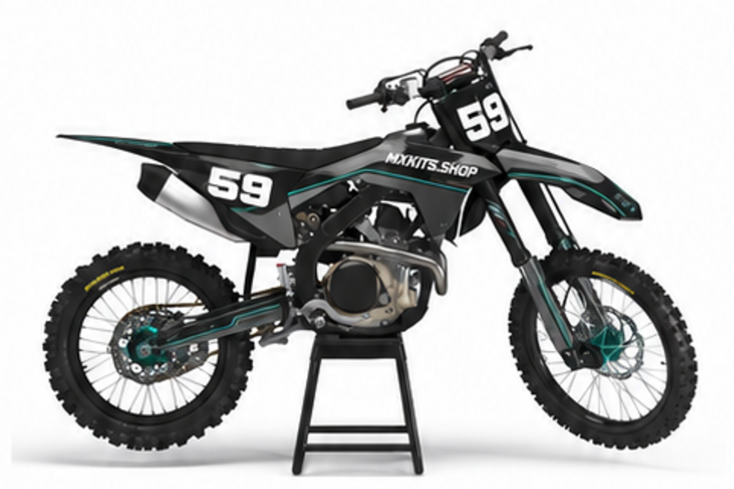 Teal Black Honda CRF custom motocross graphics kit in side view with personalized race number