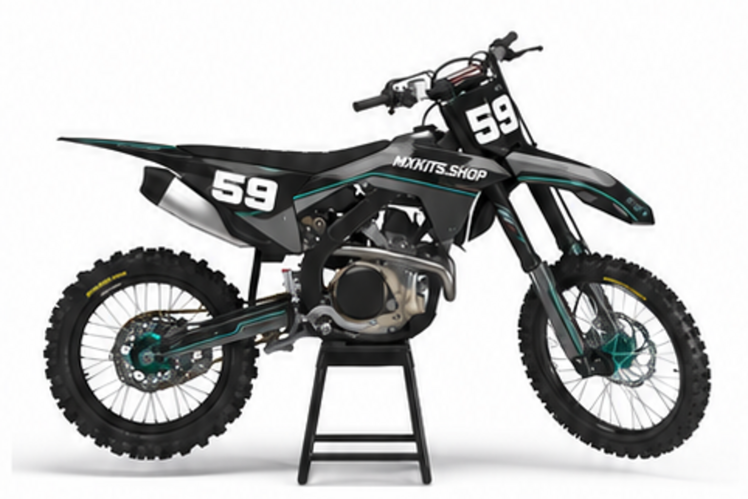 Teal Black Honda CRF custom motocross graphics kit in side view with personalized race number