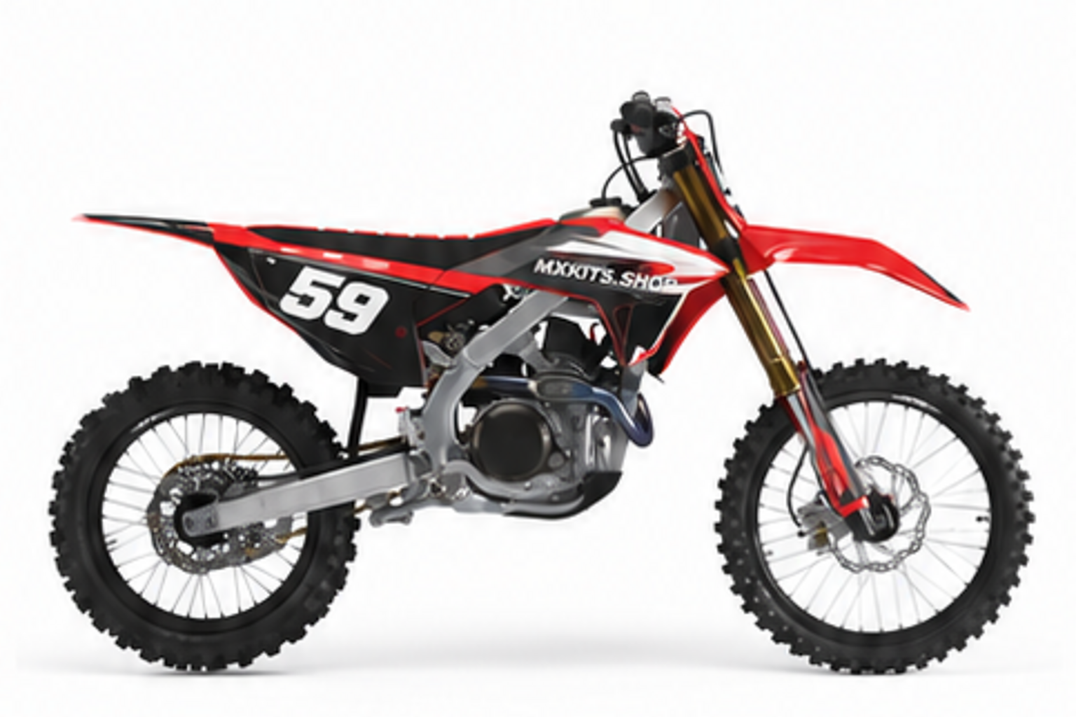 Black Red Honda CRF custom motocross graphics kit in side view with personalized race number