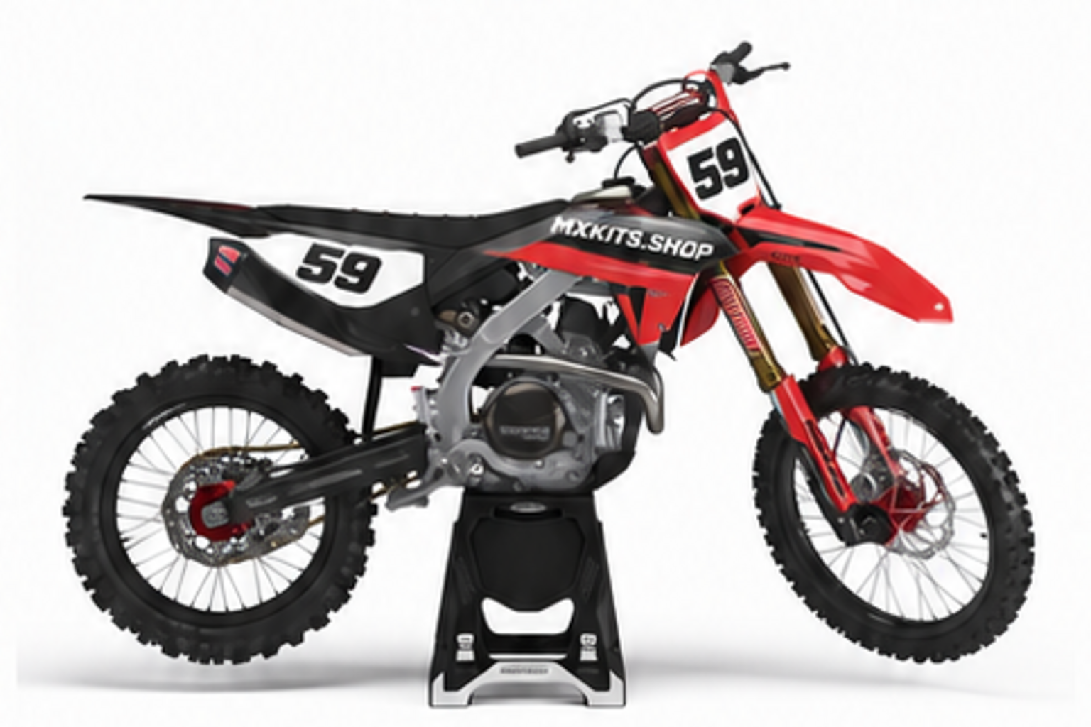 Red Black Honda CRF custom motocross graphics kit in side view with personalized race number