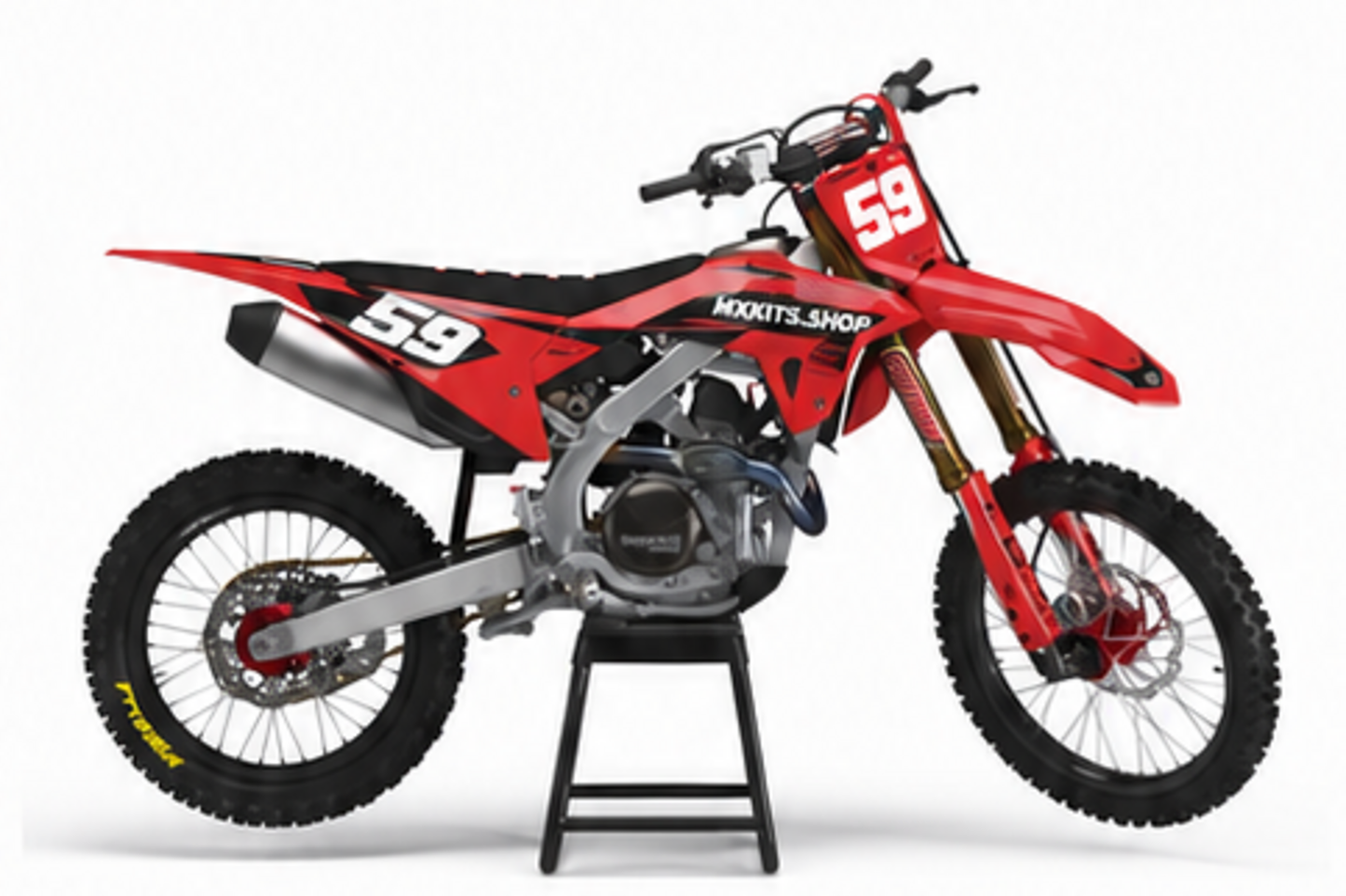 Red Black Honda CRF custom motocross graphics kit in side view with personalized race number