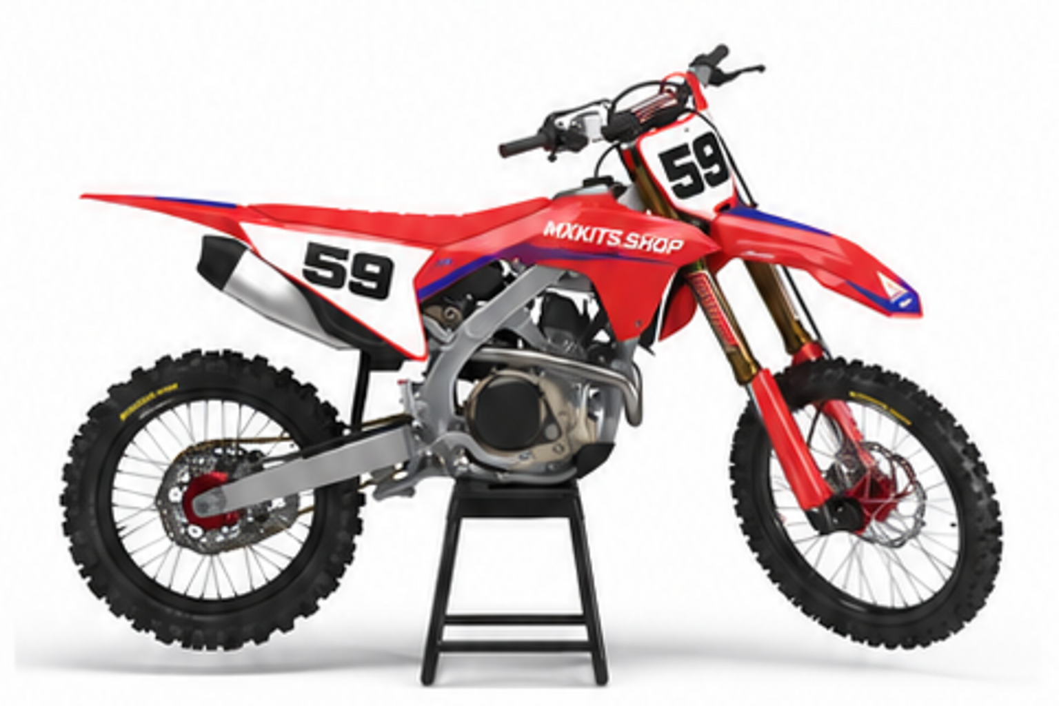 Red Blue Honda CRF custom motocross graphics kit in side view with personalized race number