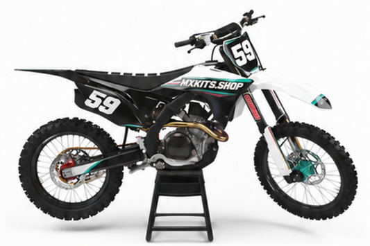 Honda CRF Motocross-Dekor-Kit in Türkis, Schwarz in Seitenansicht mit personalisierter Startnummer