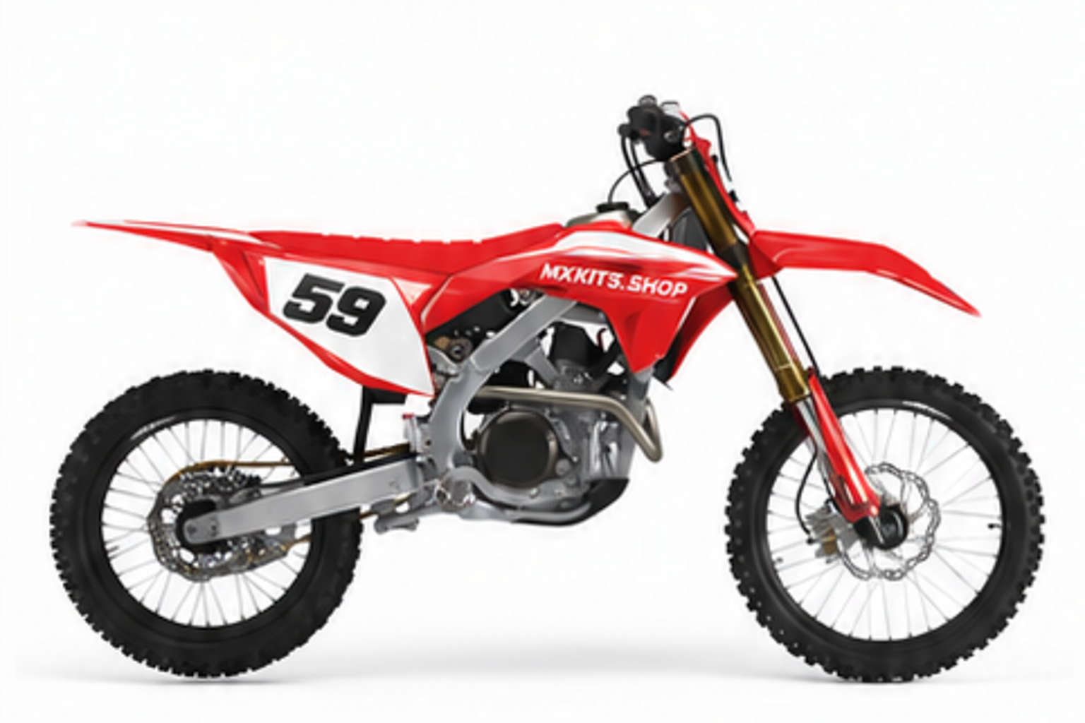 Red Black Honda CRF custom motocross graphics kit in side view with personalized race number