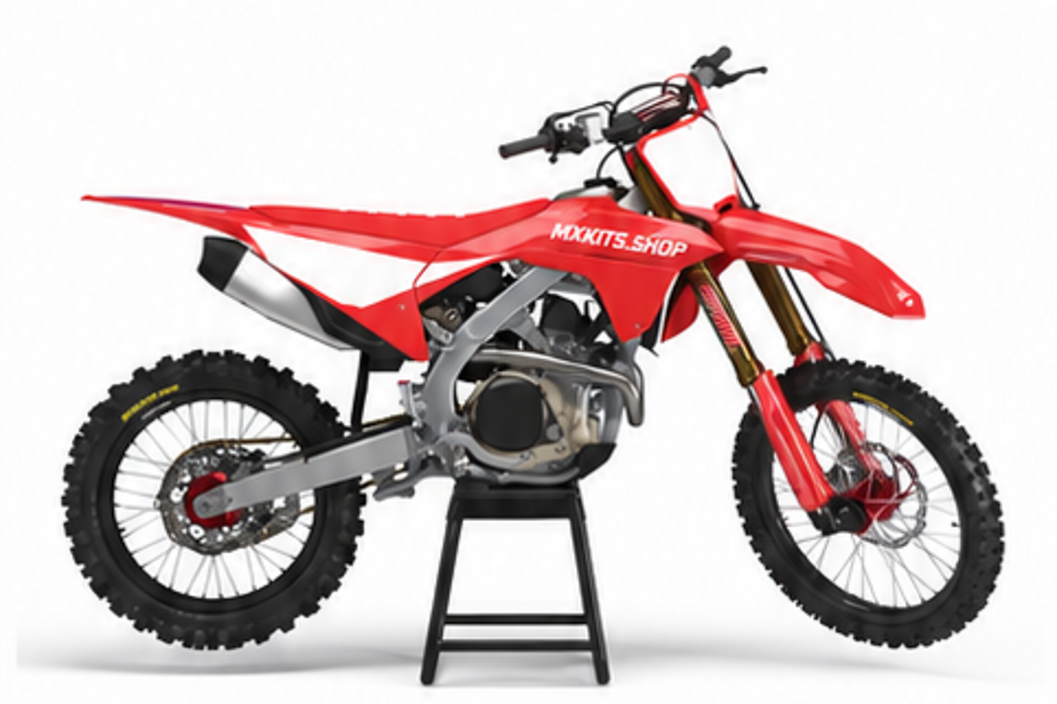 Red Black Honda CRF custom motocross graphics kit in side view with personalized race number