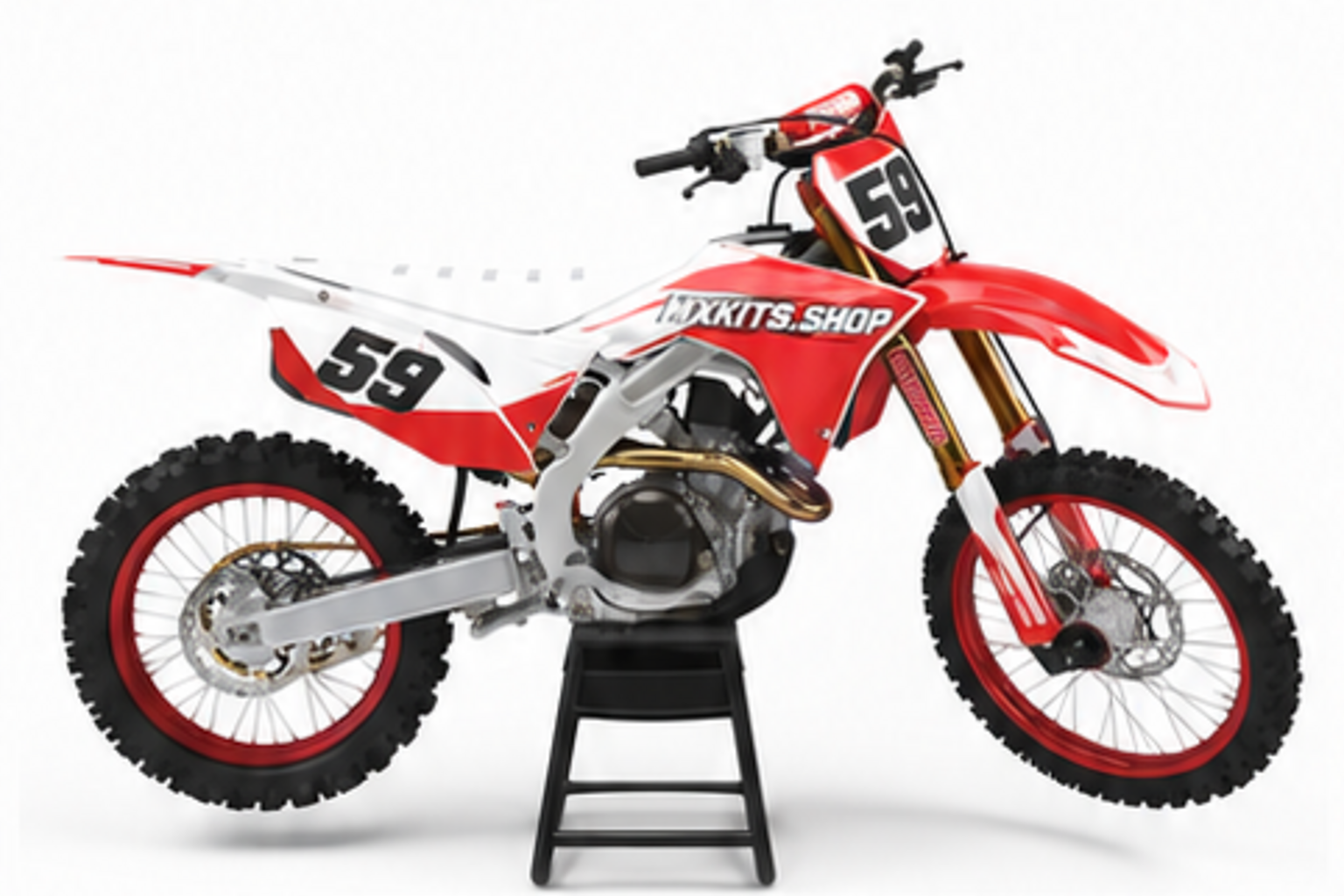 White Red Honda CRF custom motocross graphics kit in side view with personalized race number