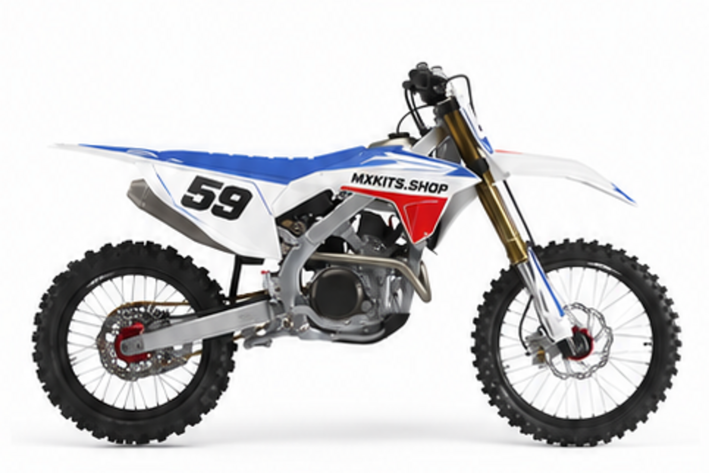Blue White Honda CRF custom motocross graphics kit in side view with personalized race number