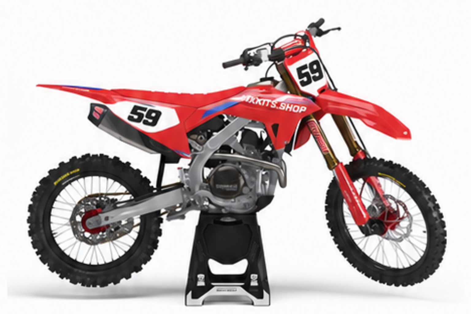Red Blue Honda CRF custom motocross graphics kit in side view with personalized race number