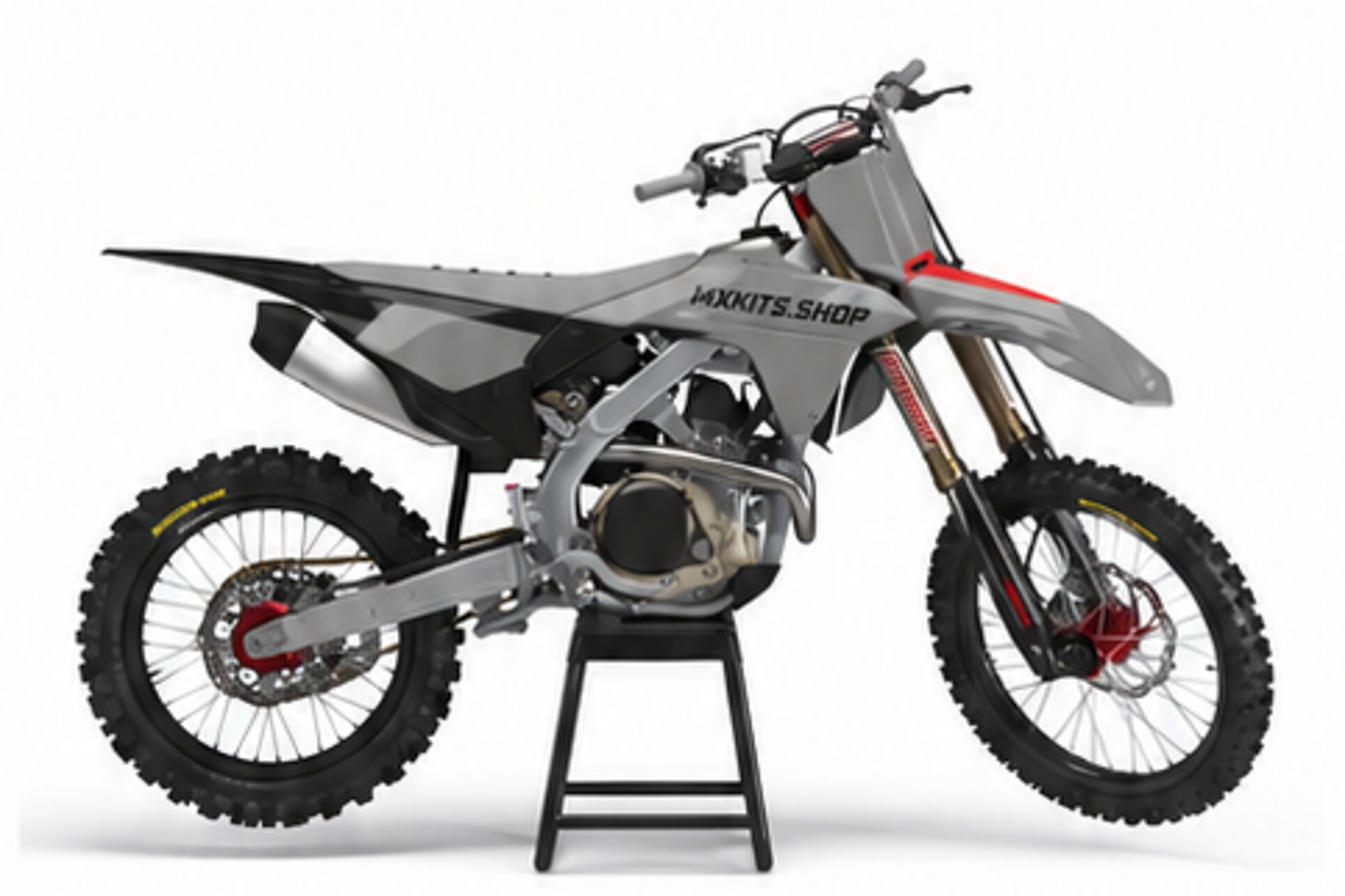 Grey Black Honda CRF custom motocross graphics kit in side view with personalized race number