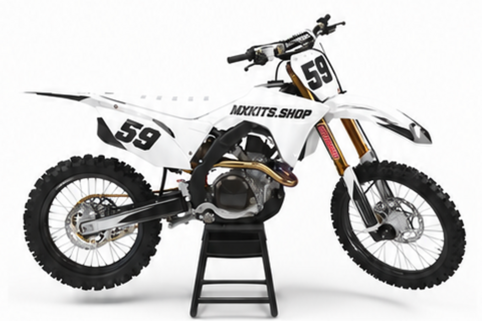 Red Black Honda CRF custom motocross graphics kit in side view with personalized race number
