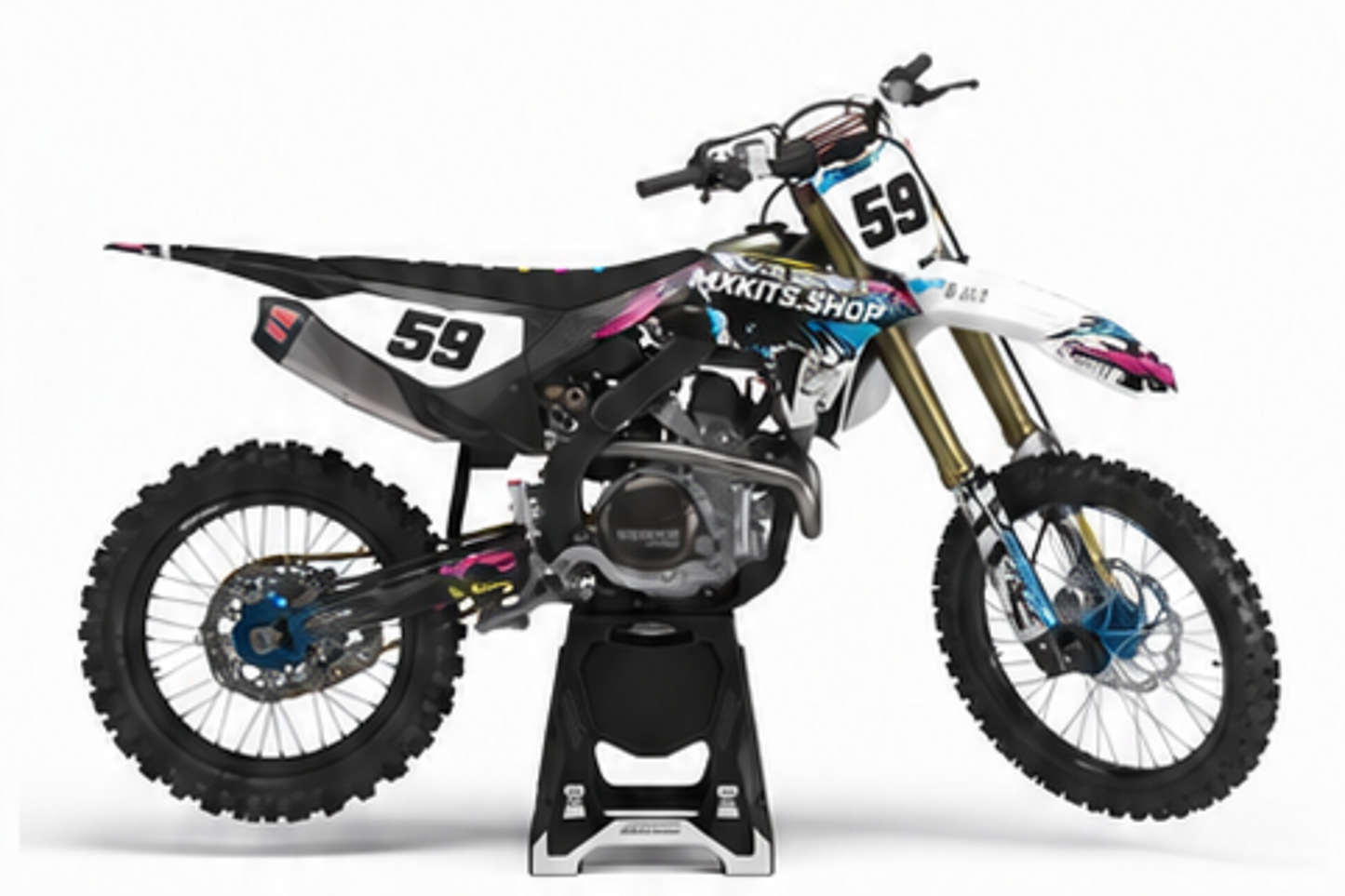 Red Black Honda CRF custom motocross graphics kit in side view with personalized race number