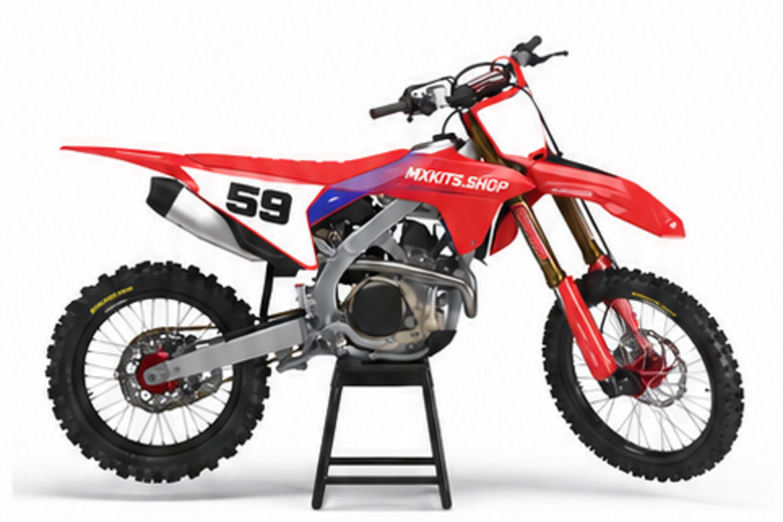 Red Black Honda CRF custom motocross graphics kit in side view with personalized race number